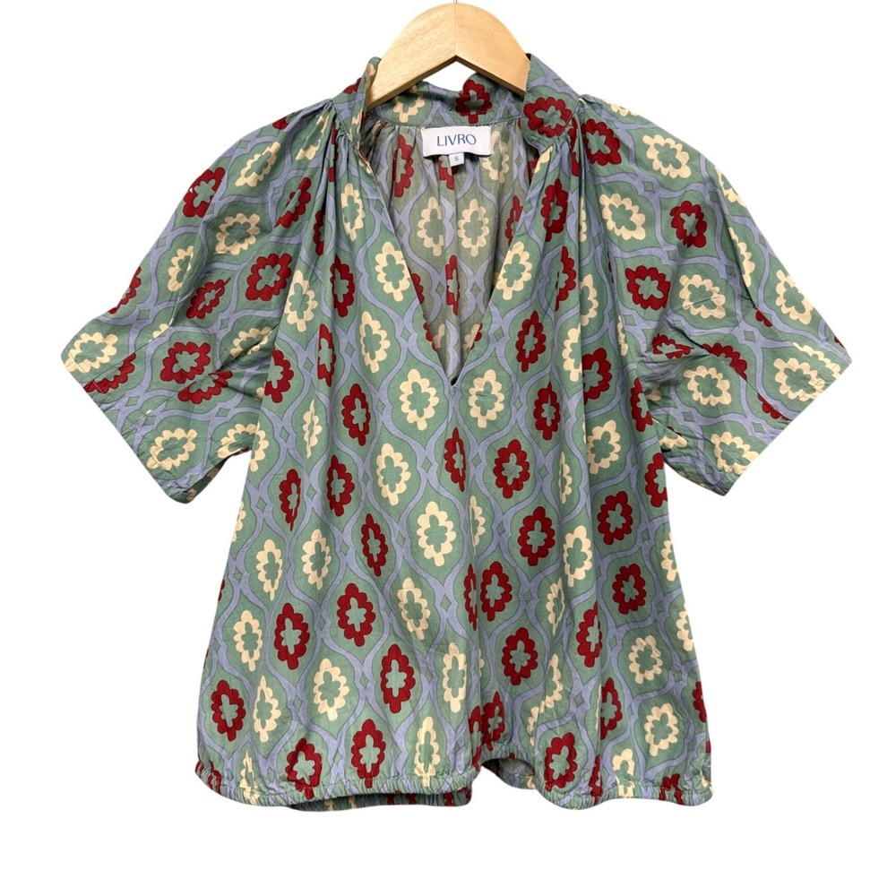 LIVRO Merritt Top Women S  Floral Geometric Boho Block Print Cotton Coastal EUC